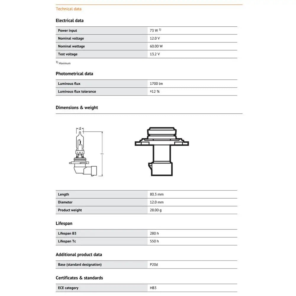 OSRAM 9005 HB3 12V 60W P20d Original Car Halogen Headlight Auto Bulb 3200K Standard Lamp OEM Quality Made In USA(Single)